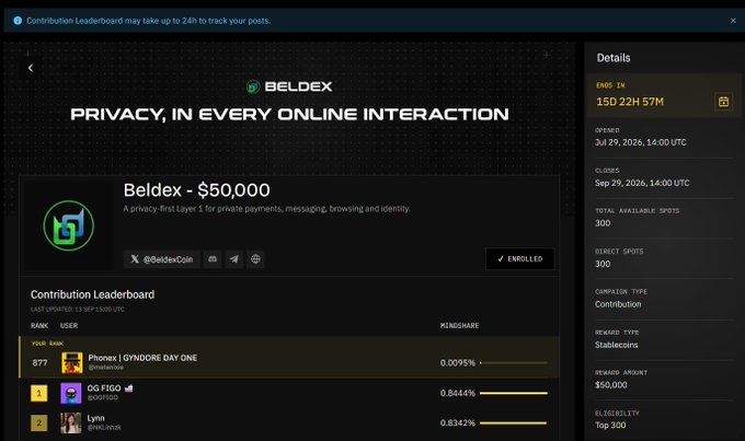 A Beldex ($50,000) contribution campaign page showing a leaderboard with users like 'OG FIGO' and 'Lynn' on a dark-themed interface.