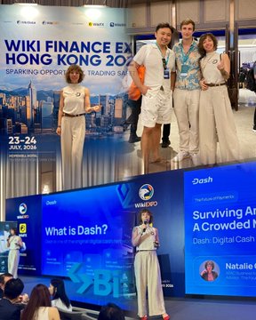 Photos from the Wiki Finance EXPO Hong Kong 2024, showing speakers presenting at a 'Dash' branded conference booth about digital cash and cryptocurrency.