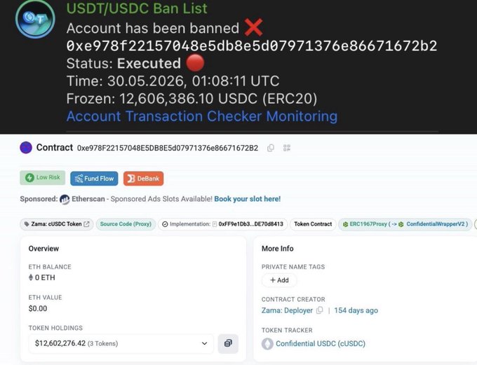 The image features a computer screen with a text box containing information regarding Bitcoin and USDC. The text explains how Bitcoin works as an encrypted hash of transactions, making it difficult for anyone to replicate or counterfeit. The USDC/USDT ban list is also displayed on the screen, indicating that the account has been frozen due to suspicious activities or violations of the rules. A warning message from the bank states that a transaction may have failed and they are sending a freezing notice as a cautionary measure.