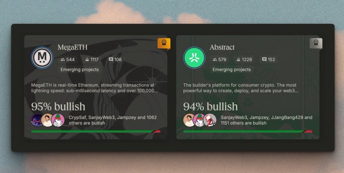 A digital dashboard displays two cryptocurrency project cards: 'MegaETH' (95% bullish, 544 members) and 'Abstract' (94% bullish, 579 members), both labeled as 'Emerging projects'.