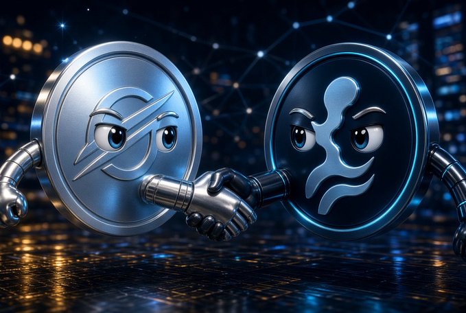 A 3D-rendered illustration of two anthropomorphized cryptocurrency coins—a silver coin with an 'S' logo and a dark blue coin with a stylized 'S' design—shaking hands with robotic arms against a futuristic city backdrop.