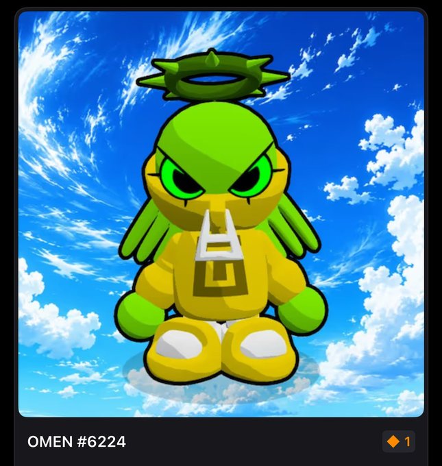 A chibi-style green and yellow creature with a spiked halo floats against a swirling cloudy sky, labeled "OMEN #6224" at the bottom left. The post celebrates this as a "god pull" — acquiring the #1 ranked Omen in the NFT collection — with the "PULLISH" pun and @TheGodPull handle reinforcing the rare find.