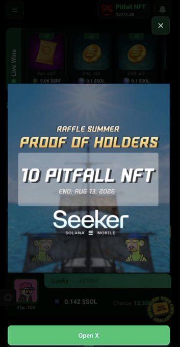 A mobile app screen advertising a "RAFFLE SUMMER PROOF OF HOLDERS" event for 10 PITFALL NFTs ending Aug 13, 2026, powered by Seeker on Solana Mobile.