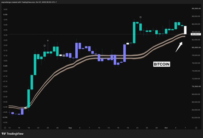 A TradingView candlestick chart shows Bitcoin (BITCOIN) testing the $81,620.23 support level, with price action bouncing off a key "gold zone" marked by moving averages. The chart displays Bitcoin's recent rally from ~$60,000 to highs near $88,000, with the current candle (Oct 7, 2026) retesting support—visually reinforcing the post's call for a potential reversal entry opportunity.