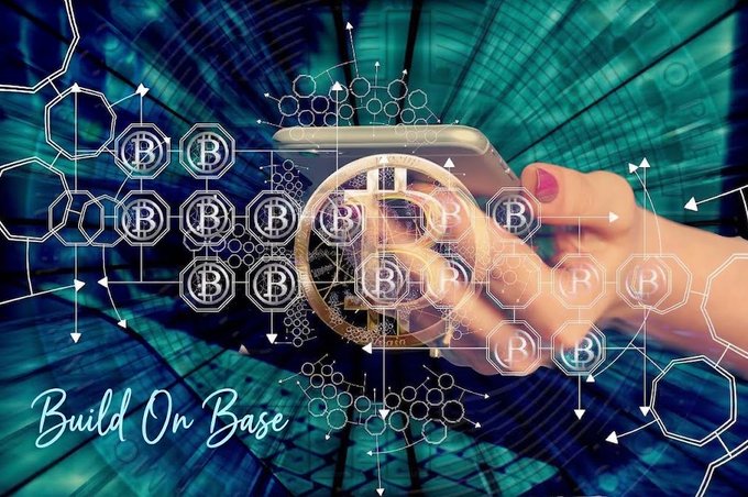 A hand holding a smartphone overlaid with a Bitcoin logo and hexagonal network graphics, with the text 'Build On Base' at the bottom.