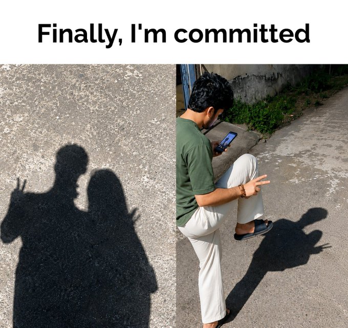 A meme titled 'Finally, I'm committed' showing a shadow of a couple posing together next to a photo of a man looking at his phone, creating the illusion that his shadow is making a peace sign like a partner's.