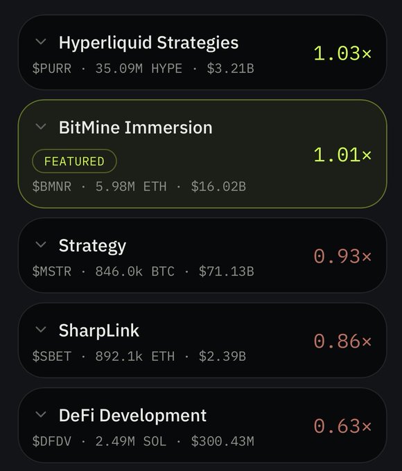 A cryptocurrency tracking dashboard showing entries: Hyperliquid Strategies ($PURR, 1.03×), BitMine Immersion ($BMNR, 1.01×, Featured), Strategy ($MSTR, 0.93×), SharpLink ($SBET, 0.86×), and DeFi Development ($DFDV, 0.63×).