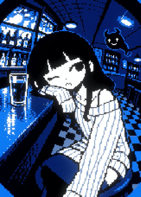 A pixel-art style blue and black illustration shows a young woman with long dark hair and a small black cat sitting at a bar with a drink, rendered in the distinctive retro aesthetic that aligns with the Bitmaids NFT collection announcement for its public mint on OpenSea.