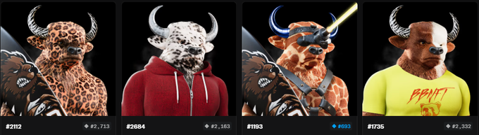 Four NFT character profile cards featuring bull-like creatures with various horn styles, numbered #2112, #2684, #1193, and #1735, with associated token values.