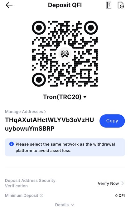 A mobile app screen showing a 'Deposit QFI' page with a Tron (TRC20) QR code, a long wallet address, and options to manage addresses and verify security.