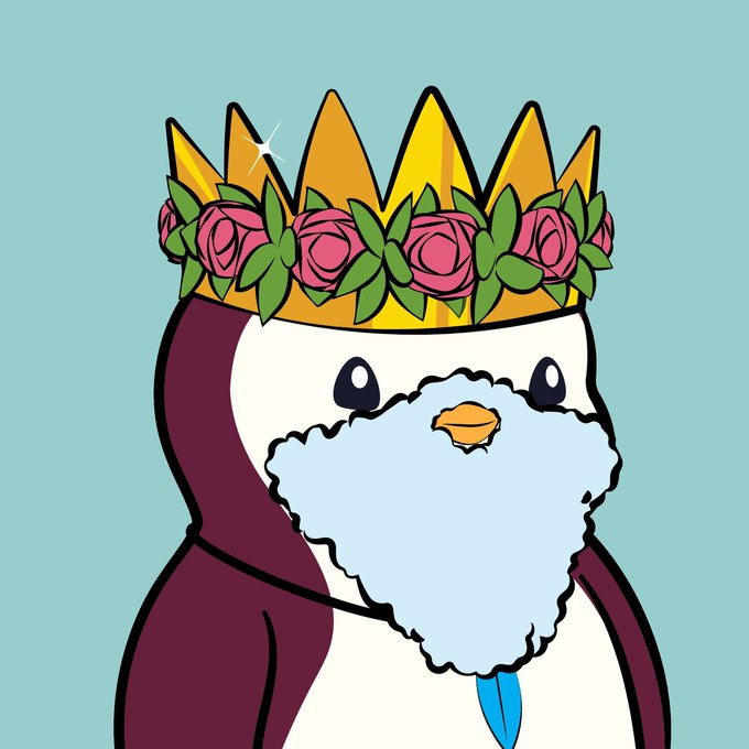 A cartoon penguin with a fluffy light blue beard wearing a golden crown adorned with pink roses and green leaves, depicted against a light blue background.

The image represents Pudgy Penguin #2767, with the crowned and bejeweled penguin reflecting the NFT's whimsical, regal aesthetic as highlighted by its 5.100 ETH purchase on OpenSea.