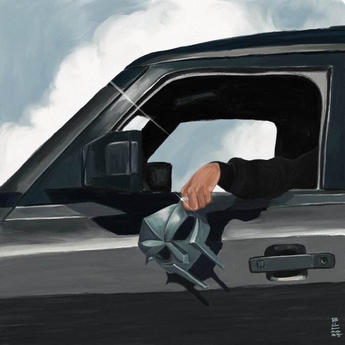 A painted illustration of a hand extending from a vehicle window holding a geometric, star-shaped keychain against a cloudy sky background.