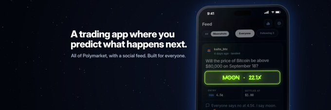 The image is a promotional banner for MoonX, a social trading app featuring a phone screen displaying a prediction market feed with the headline question "Will the price of Bitcoin be above $80,000 on September 18?" alongside a highlighted "MOON · 22.1x" button, matching the post's description of MoonX as a social prediction trading platform inspired by Polymarket.