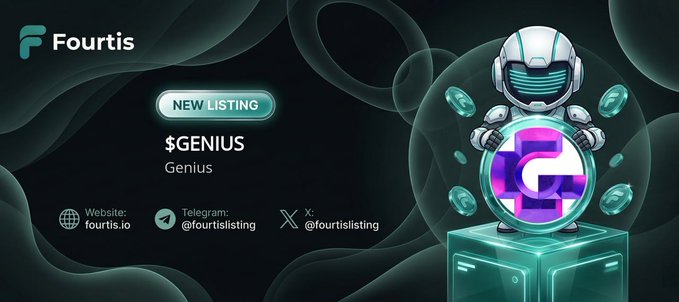 The image features a graphic advertisement for Fouris New Listings featuring a character dressed as an robot with a face mask, standing next to a crystal ball containing gold coins or gems. The text at the top of the image indicates that there's a new listing for "GOLD" on the Genius platform.