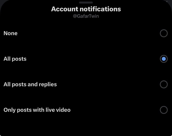 A screenshot of an "Account notifications" settings menu for @GafarTwin displays four notification options: None, All posts (selected), All posts and replies, and Only posts with live video. The image shows a notification preferences interface, seemingly unrelated to the accompanying "Wallets" post text.