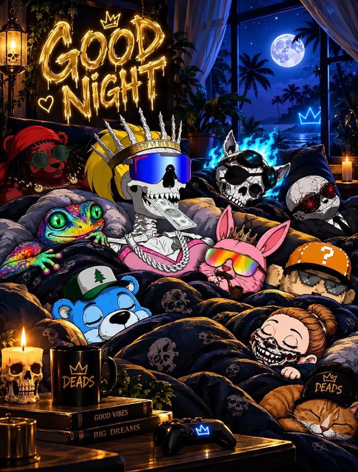 A colorful digital illustration featuring various cartoon characters including a crowned skull, a frog, a bear, and a princess-like figure sleeping in bed under a glowing 'GOOD NIGHT' neon sign, with 'DEADS' branded mugs in the foreground.