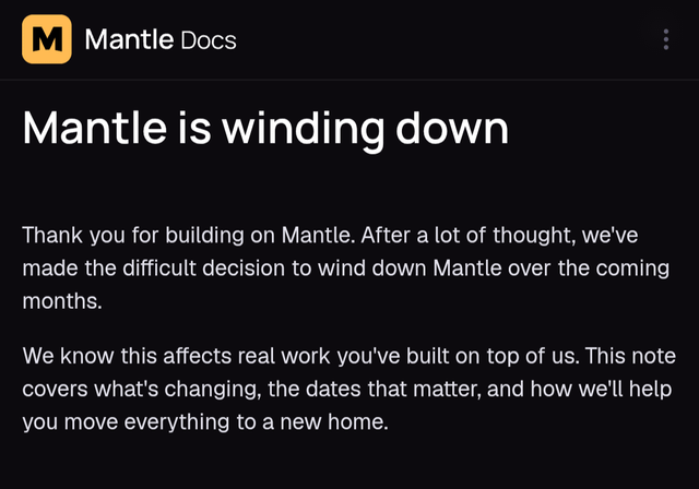 The image shows a black background with white text that reads "Mantle Docs is winding down". The text also mentions that the app has been closed, which implies that the user might have closed the app or the app may be ending its functionality. This message seems to be related to the post on r/reviewmyshopify, as indicated by the caption "Shocked - Mantle Docs is winding down Similar to r/reviewmyshopify".