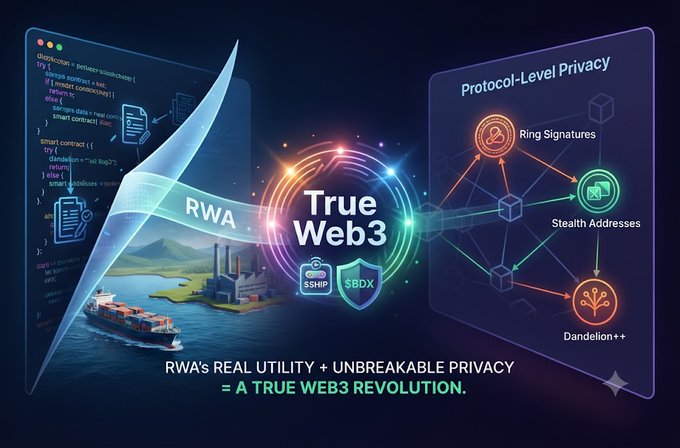 Promotional graphic for 'True Web3' featuring a ship carrying containers (labeled RWA), a smart contract code panel on the left, and a 'Protocol-Level Privacy' panel on the right highlighting Ring Signatures, Stealth Addresses, and Dandelion++.