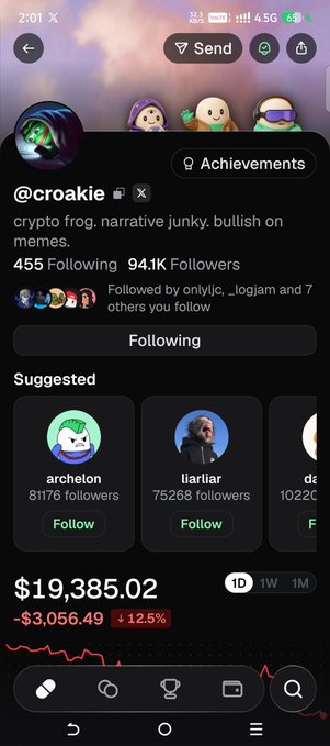 A screenshot of a mobile crypto trading app showing a profile '@croakie' with 94.1K followers, tracking a token at $19,385.02, down 12.5%.