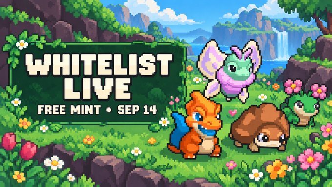 A pixel-art promotional banner reading 'WHITELIST LIVE — FREE MINT • SEP 14' featuring four colorful creature characters (purple flying, orange dragon, brown turtle, green turtle) in a lush landscape with waterfalls and flowers.
