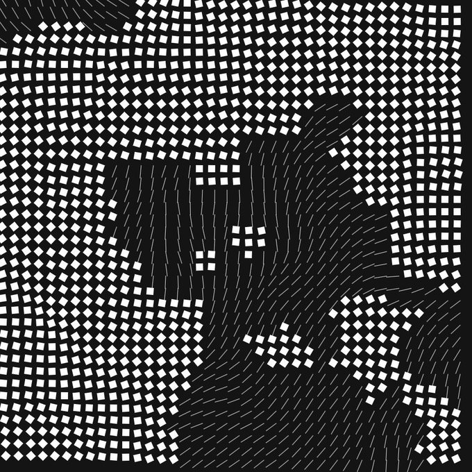 A black and white abstract pixelated image, possibly resembling a stylized skull or face, made up of small white squares on a dark background with flowing linear patterns.