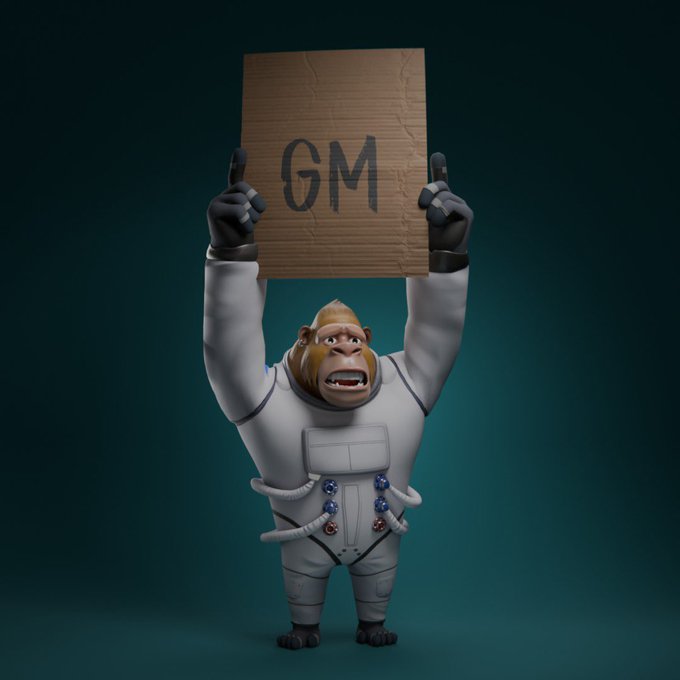 The image features a cartoon monkey dressed as an astronaut holding up a sign that says "Gm" with both hands, creating a humorous scene. The background of the image is dark blue, which contrasts with the monkey's white outfit and adds depth to the overall composition. The caption at the bottom of the image provides context about the post it belongs to, stating that it is about punks, apes, and penguins leading NFT collections.