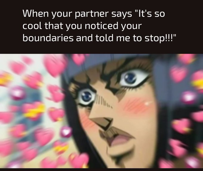 A meme featuring an anime-style character with blushing cheeks surrounded by heart emojis, with text reading 'When your partner says "It's so cool that you noticed your boundaries and told me to stop!!!"'