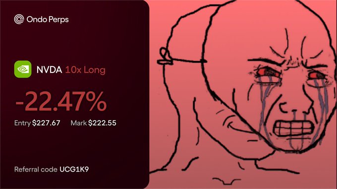 The image features a post with an unhappy emoted face drawn on it, accompanied by a description of the content posted on the platform. The caption includes information about a product named "NVDA perps" from @OndoPerps, which is related to gaming and possibly related to the emotion depicted in the image due to its association with virtual experiences or characters. The post also mentions that it has been testing the @OndoPerps since beta opened today and highlights some aspects of the platform's performance like 24% leverage, 20x execution speed, and CEX characteristics.