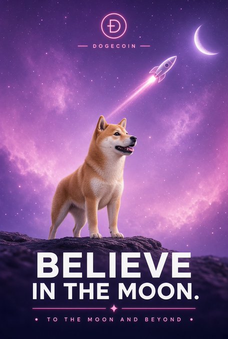 Vertical promotional poster for Dogecoin featuring a Shiba Inu standing on a rock against a purple galaxy background with a crescent moon and a launching rocket, accompanied by the text 'DOGECOIN', 'BELIEVE IN THE MOON.', and 'TO THE MOON AND BEYOND'.