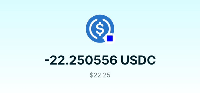A cryptocurrency wallet screen showing a USDC balance of -22.250556 USDC, equating to $22.25.