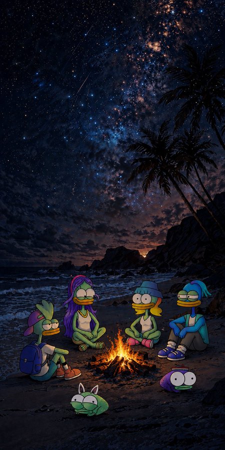 Digital artwork of cartoon duck and frog characters sitting around a campfire on a beach at night under a starry Milky Way sky.