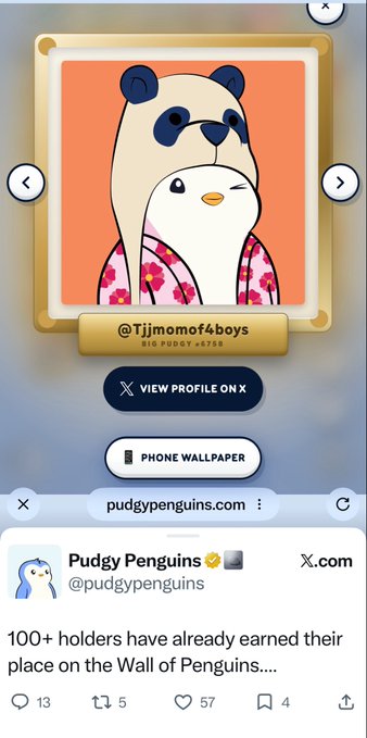 A Pudgy Penguins profile display showing an NFT of a character wearing a panda hat with the handle @Tjimomof4boys, "BIG PUDGY #6758," and a tweet from @pudgypenguins reading "100+ holders have already earned their place on the Wall of Penguins...."