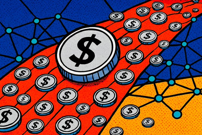 A large silver coin with a dollar sign sits prominently at the center of a red path lined with smaller dollar coins, set against a blue and orange background of interconnected network nodes—visually representing the flow and growth of stablecoins like USDC, USDT, USD1, and USDGO on Solana's blockchain, echoing the post's mention of the ecosystem surpassing $15 billion and the rising diversification beyond major stablecoins.