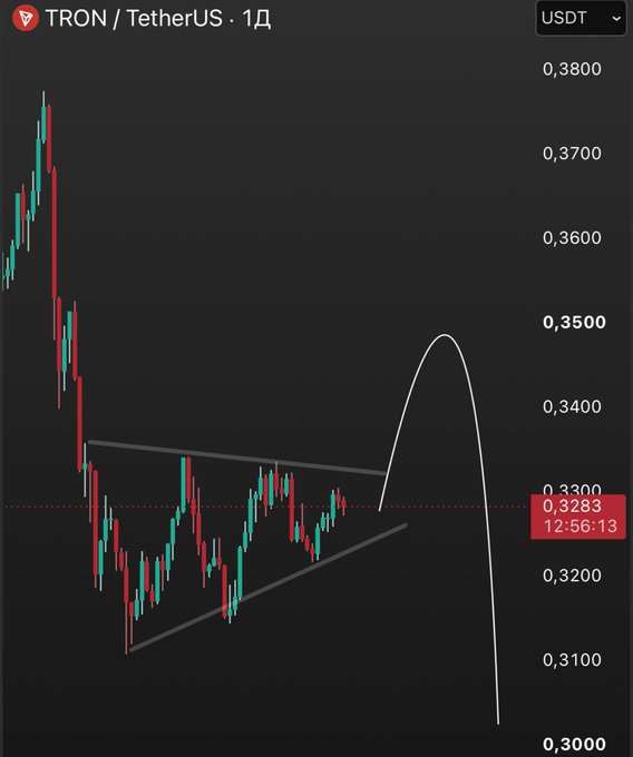 A daily TRON/TetherUS (TRX/USDT) candlestick chart shows the price consolidating within a symmetrical triangle pattern between roughly 0.3100 and 0.3350, with a hand-drawn white arc projecting an upside breakout toward ~0.3500 followed by a sharp reversal, reflecting the poster's expectation of a bullish breakout before a correction.