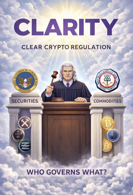 A judge holding a gavel stands between two pillars labeled "SECURITIES" and "COMMODITIES," featuring SEC and CFTC seals alongside crypto coin icons (XRP, Cardano, Monero, Bitcoin, others), under the headline "CLARITY: CLEAR CRYPTO REGULATION — WHO GOVERNS WHAT?" The image visually represents the CLARITY Act's core purpose: resolving whether the SEC or CFTC will oversee digital assets like XRP, ADA, XMR, and BTC, reinforcing the post's message about the bill advancing through Congress.