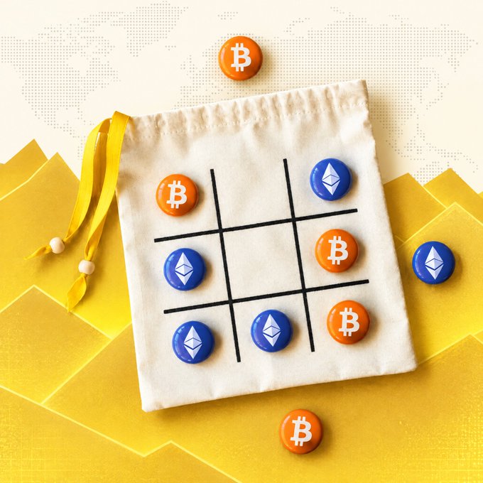A cream-colored drawstring pouch doubles as a tic-tac-toe board adorned with Bitcoin (₿) and Ethereum (Ξ) logo pins arranged in a partially completed game, set against a backdrop of scattered yellow envelopes and a dotted world map—perfectly illustrating the post's message that "the board is set" and awaits a final crypto-inspired move.