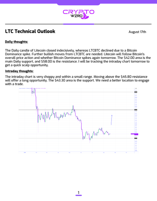 A CryptoWZRD LTC Technical Outlook report dated August 17th, analyzing Litecoin's indecisive close and intraday trading range with key resistance at $45.80 and support at $43.30.