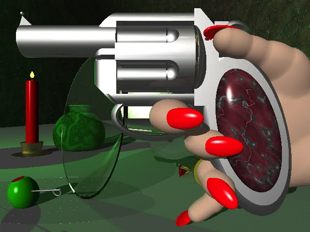 A surreal 3D-rendered scene featuring a hand with red-painted nails holding a silver revolver with a large barrel, set against a dark background with a lit red candle, a green vase, and an apple on a checkered surface.