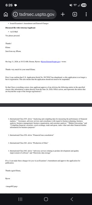 A mobile email screenshot from tsdrsec.uspto.gov showing a communication from examiner Byron Greene regarding U.S. Application Serial No. 91/795647, which has been abandoned due to failure to respond to an Office Action with required modifications to claims and applicant information.