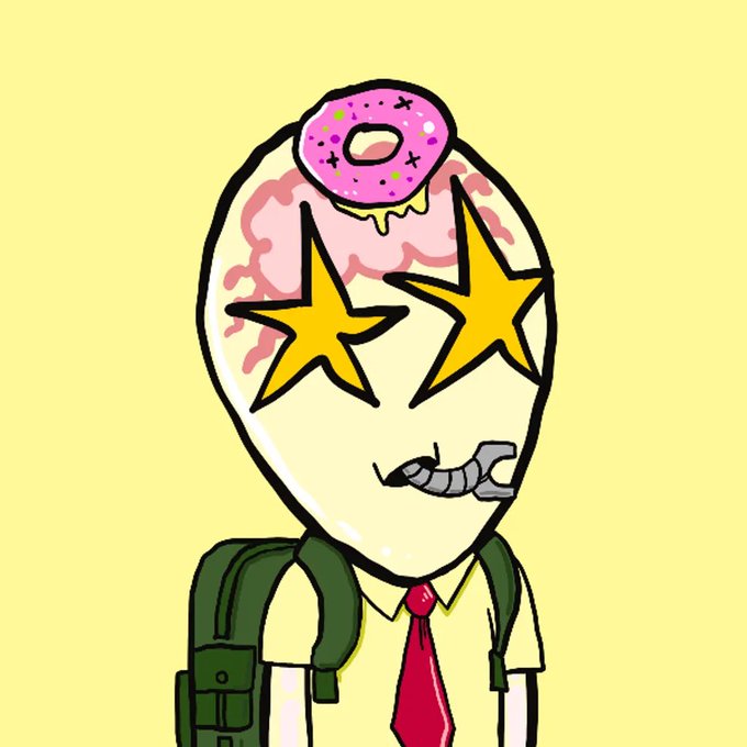 A cartoon illustration depicts a character with an exposed brain topped with a pink frosted donut, star-shaped eyes, and a metal jaw wearing a school uniform with a red tie and green backpack.