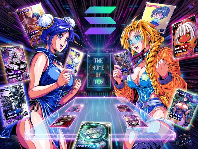 A vibrant anime-style illustration depicting two female characters facing each other with trading cards, featuring the Solana logo and text 'THE HOME OF TCG' with 'BATTLE POINTS' cards visible.