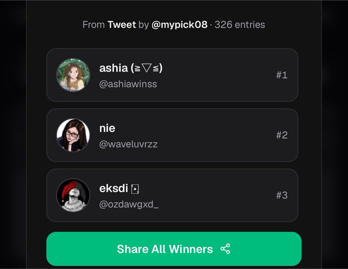 Twitter giveaway winners list from @mypick08 showing #1 ashia (@ashiawinss), #2 nie (@waveluvrzz), and #3 eksdi (@ozdawgxd_).