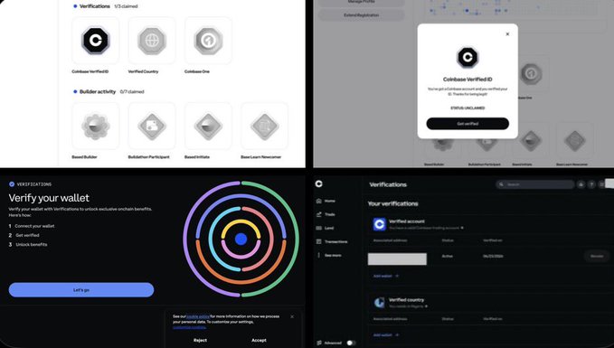A four-panel collage showing Base's "Verifications" interface, including options to connect a Coinbase VerifiedID wallet (status: Unlinked), Builder activity stats (0/1 claimed), a "Verify your wallet" onboarding screen prompting users to connect their wallet, get verified, and unlock benefits, and a Verifications dashboard listing a Verified account and Verified country from Russia dated December 26, 2023. The images illustrate Base's onchain verification system for sybil resistance, tying wallet addresses to Coinbase accounts to help users qualify for potential airdrops.