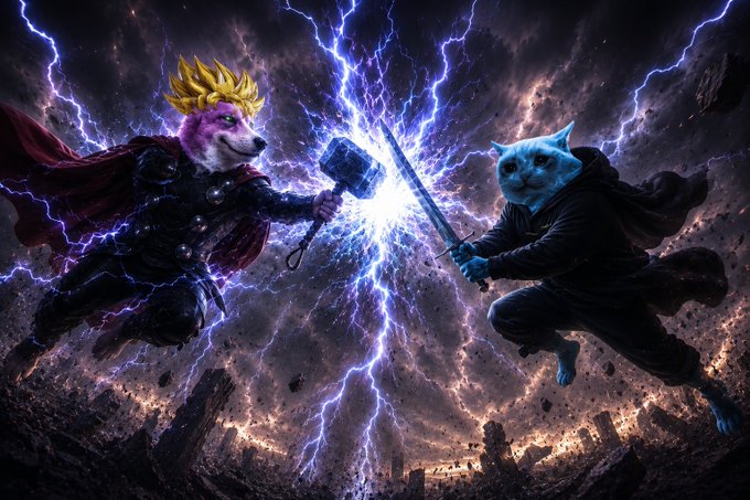 The image depicts an epic battle between a spiky-haired dog wielding Thor's hammer and a hooded cat wielding a sword, clashing amid dramatic lightning bolts over a destroyed cityscape. The scene humorously parodies superhero vs. villain showdowns, tying into the post's "Cash Dogs" theme by depicting the dog as a powerful, heroic figure rather than a typical "degen" (degenerate) crypto mascot.