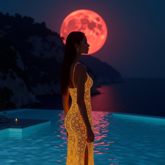 A woman in a backless yellow lace dress stands in profile by an infinity pool at night, with a large red blood moon and coastal cliffs in the background.