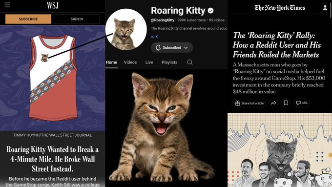 A collage of newspaper and YouTube headlines featuring Roaring Kitty (Keith Gill) and his famous cat, with outlets like The Wall Street Journal, YouTube, and The New York Times covering the $53,000 GameStop investment that briefly reached $48 million in value during the January 2021 meme stock rally.