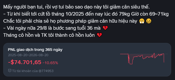 A Vietnamese social media post about weight loss, with PNL trading data showing a loss of -$74,701.65 (-10.65%) over 365 days from account @774953.