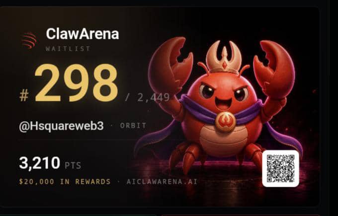 A promotional graphic for 'ClawArena' waitlist showing position #298 out of 2,449 for @Hsquareweb3 in the ORBIT tier with 3,210 points and $20,000 in rewards, featuring a red crab-like mascot character.