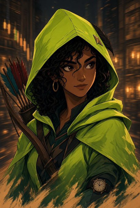 An animated illustration of a dark-skinned archer with curly hair wearing a bright green hooded cloak, with a quiver of arrows on her back and a watch on her wrist, set against a warm-toned library background.
