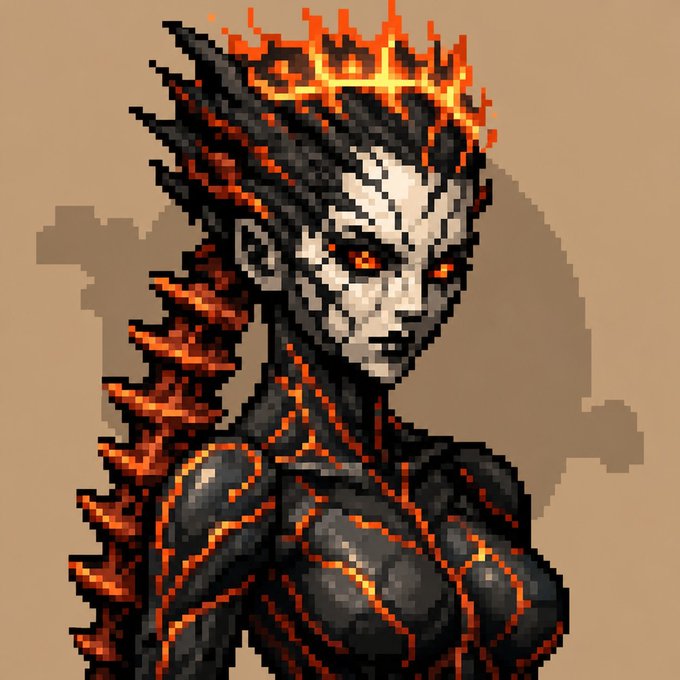 A pixel art image of a dark figure with glowing orange cracks and flames for hair.